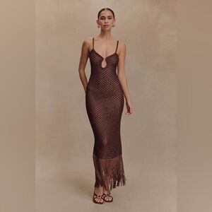 Meshki RAELYNN metallic knit fringe midi dress Chocolate Brown